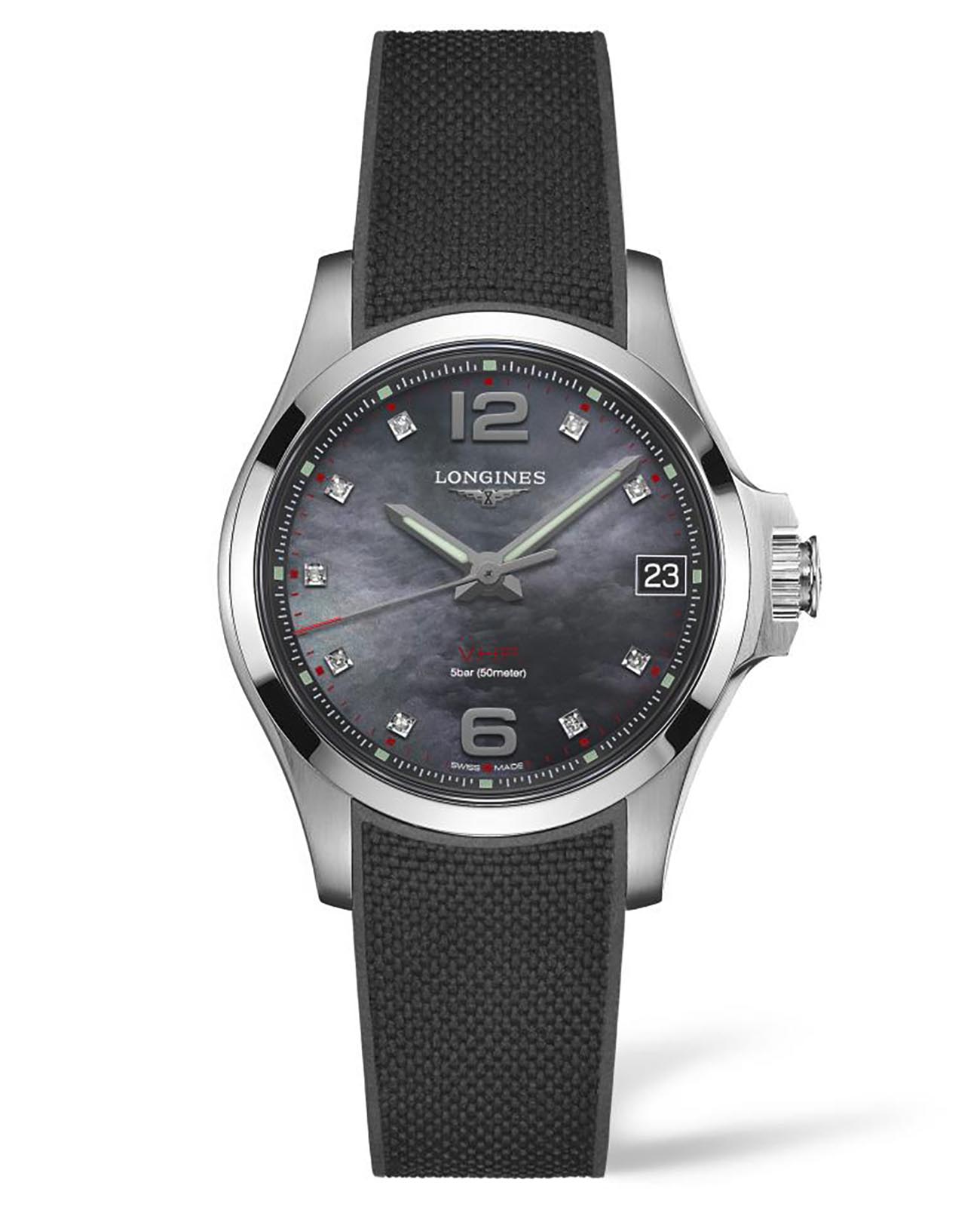 Longines Longines Conquest V.H.P. L3.316.4.88.9  L33164889 кварцевые женские часы черный циферблат, браслет каучук — вид спереди